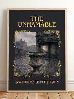 The Unnamable Classic Book Art Print by Samuel Beckett – framed print leaning on a wooden floor