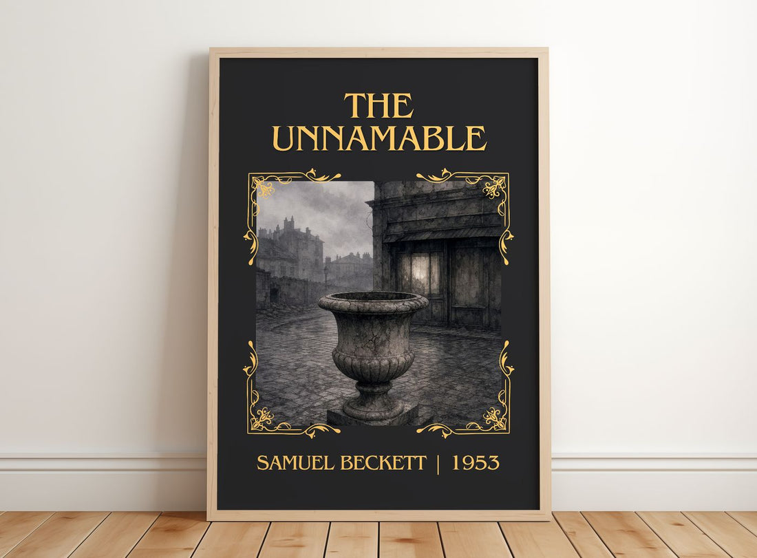 The Unnamable Classic Book Art Print by Samuel Beckett – framed print leaning on a wooden floor