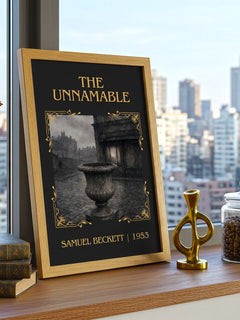 The Unnamable Classic Book Art Print by Samuel Beckett – framed print on a city-view windowsill