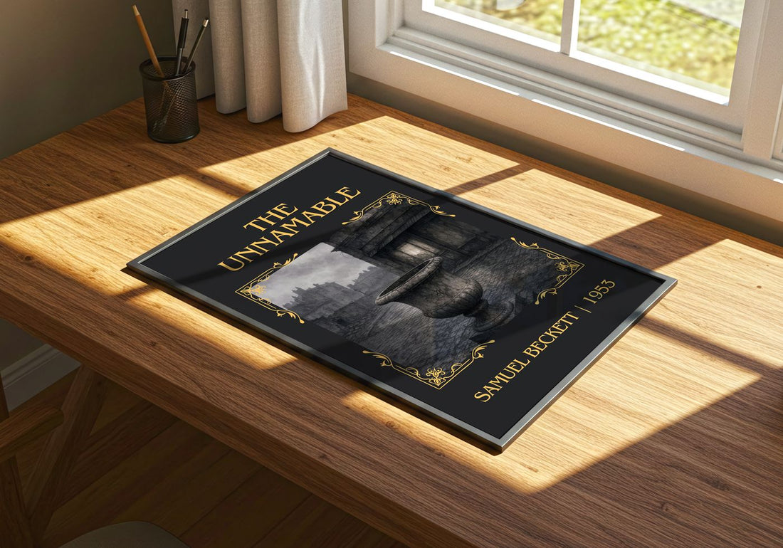The Unnamable Classic Book Art Print by Samuel Beckett – print on a sunlit desk