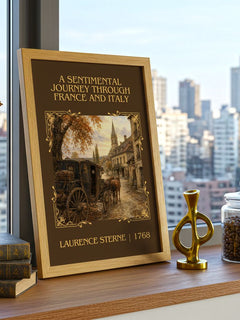A Sentimental Journey Through France and Italy Classic Book Art Print by Laurence Sterne – framed print on a city-view windowsill