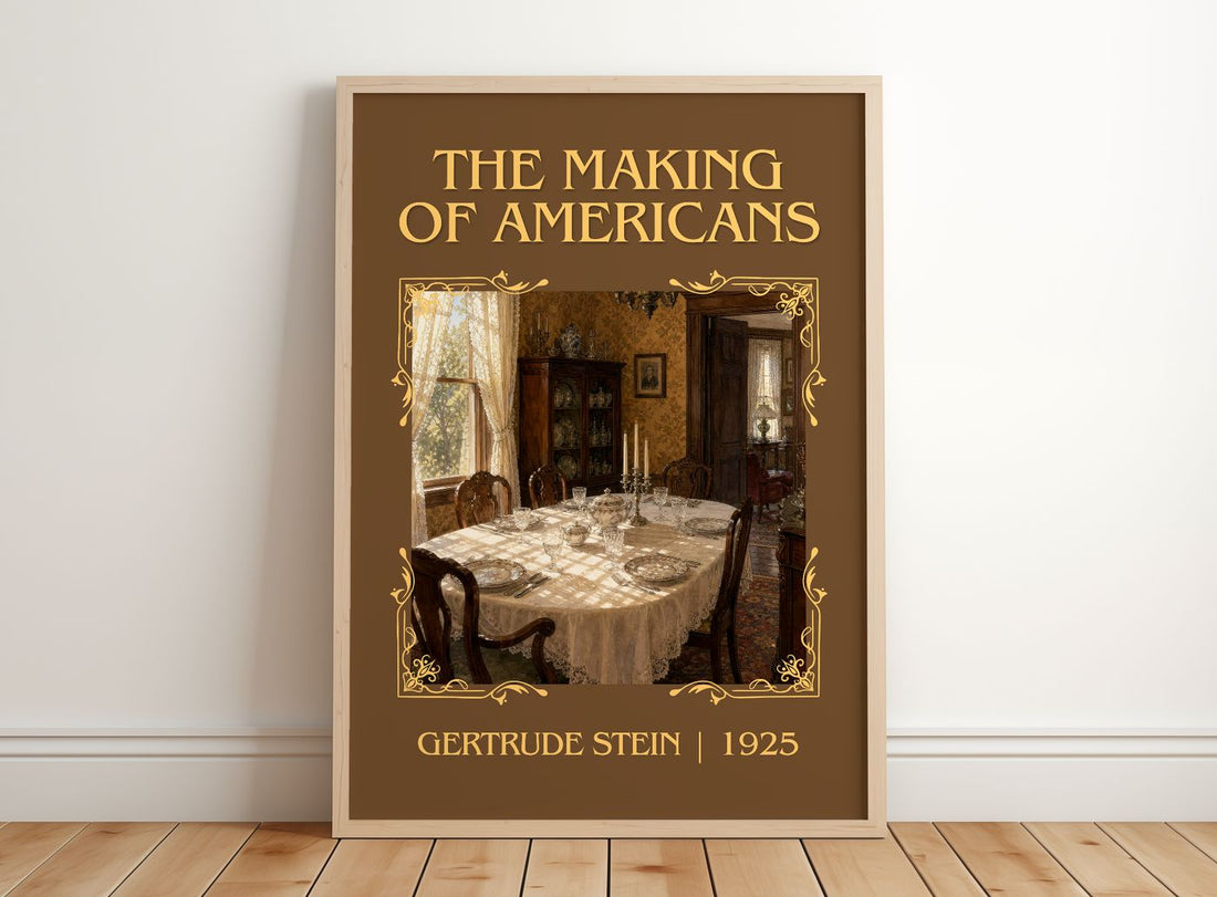 The Making of Americans Classic Book Art Print by Gertrude Stein – framed print leaning on a wooden floor