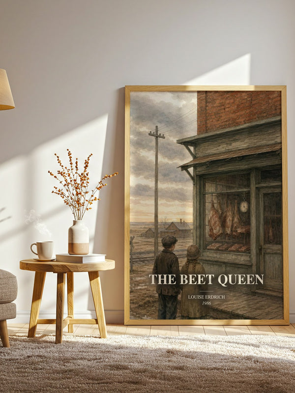 The Beet Queen watercolour print in frame leaning in hallway – literary fiction wall art