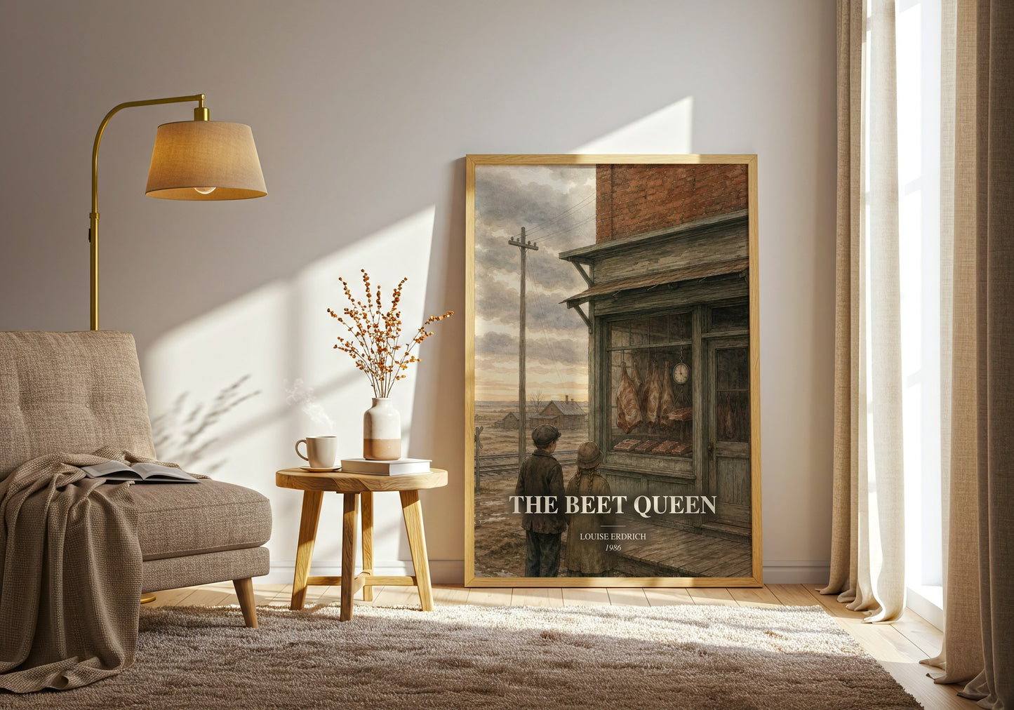 The Beet Queen watercolour print in frame leaning in hallway – literary fiction wall art