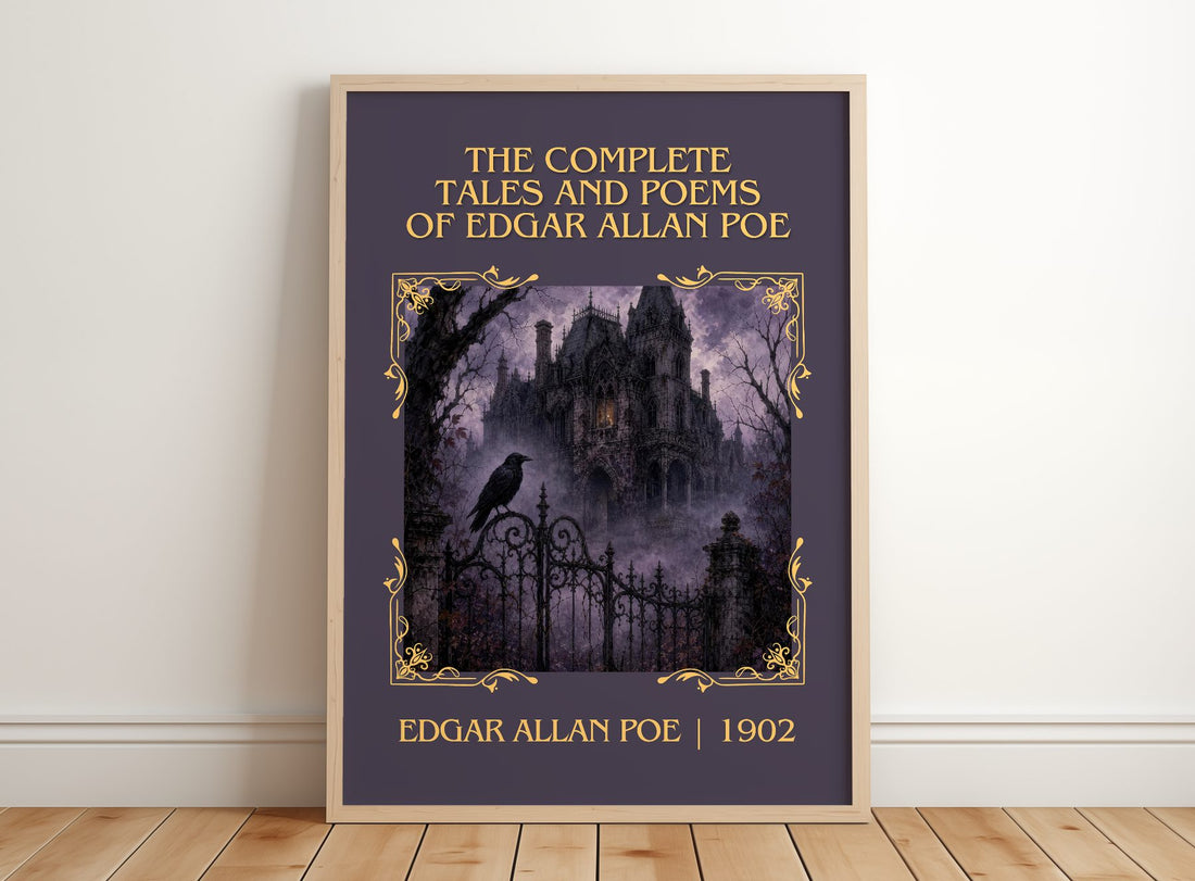 The Complete Tales and Poems of Edgar Allan Poe Classic Book Art Print by Edgar Allan Poe – framed print leaning on a wooden floor