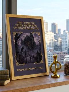 The Complete Tales and Poems of Edgar Allan Poe Classic Book Art Print by Edgar Allan Poe – framed print on a city-view windowsill