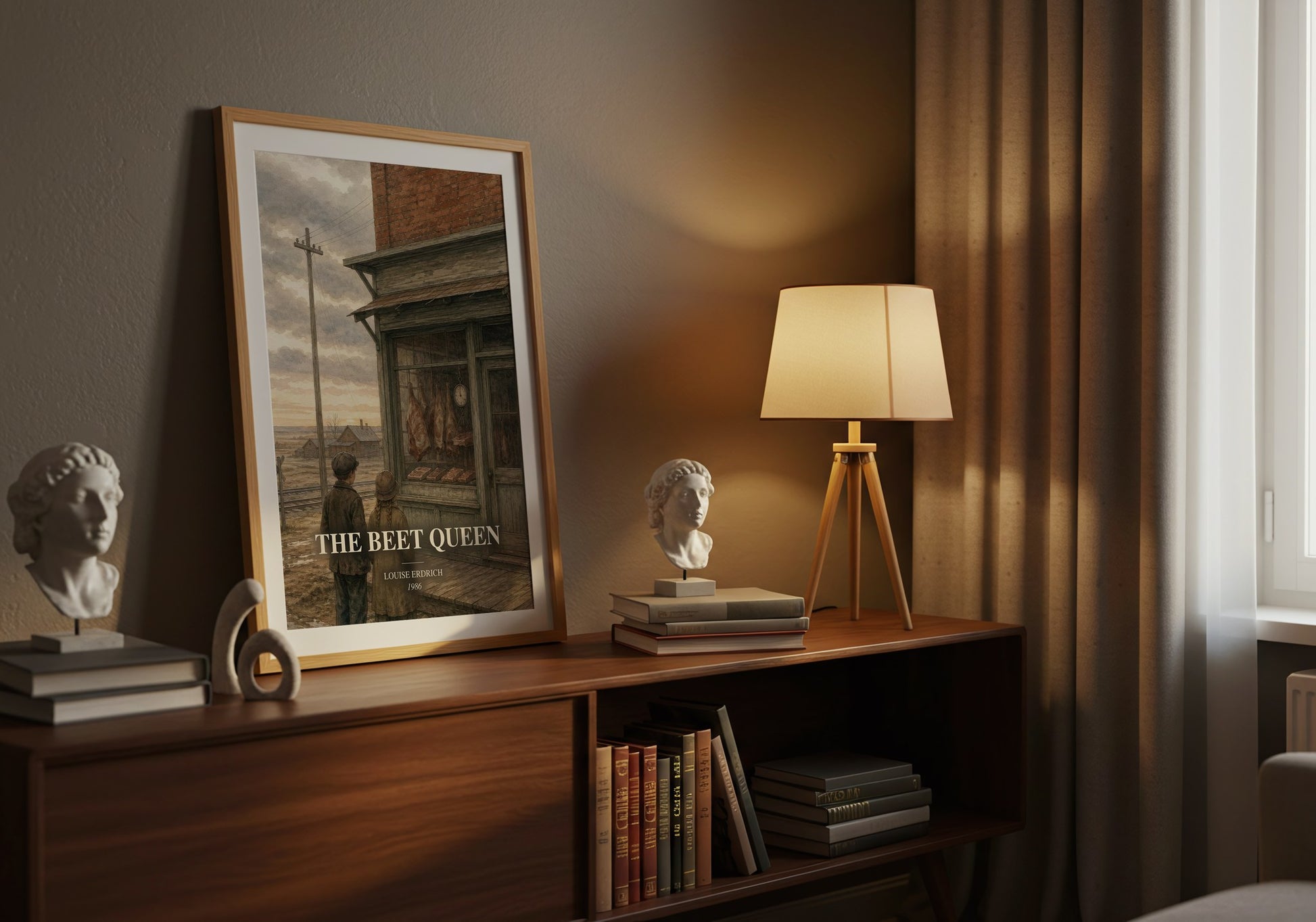 The Beet Queen watercolour print on bookshelf – Louise Erdrich fan gift