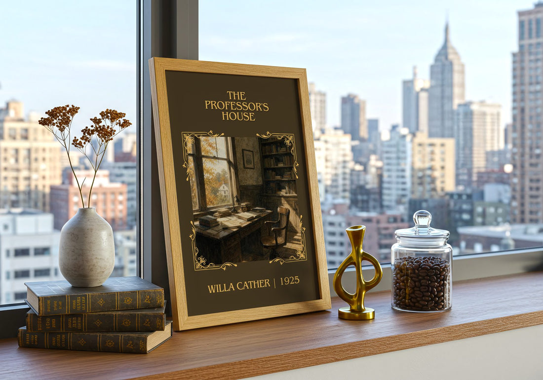 The Professor's House Classic Book Art Print by Willa Cather – framed print on a city-view windowsill