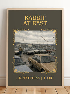 Rabbit at Rest Classic Book Art Print by John Updike – framed print leaning on a wooden floor