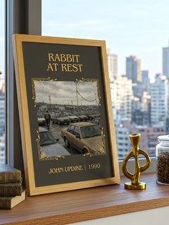 Rabbit at Rest Classic Book Art Print by John Updike – framed print on a city-view windowsill