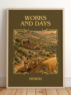 Works and Days Classic Book Art Print by Hesiod – framed print leaning on a wooden floor