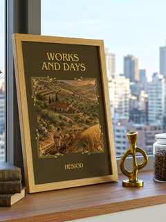 Works and Days Classic Book Art Print by Hesiod – framed print on a city-view windowsill