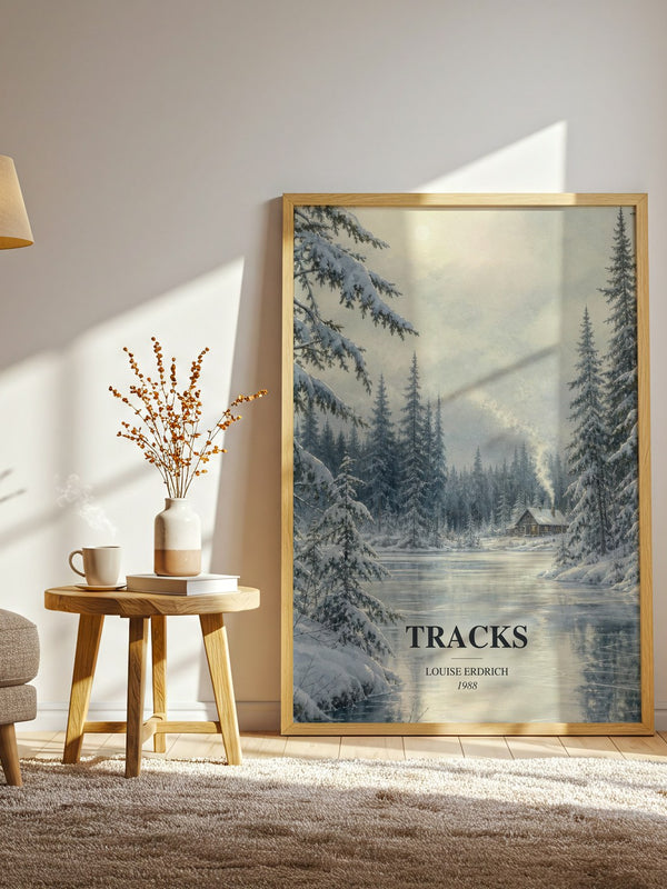 Tracks watercolour print in frame leaning in hallway – literary fiction wall art