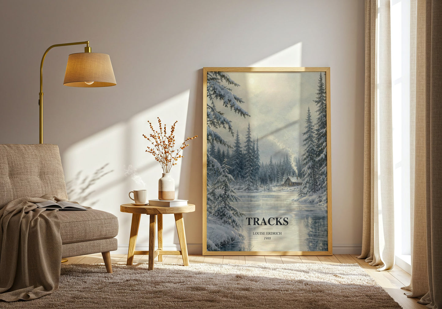 Tracks watercolour print in frame leaning in hallway – literary fiction wall art