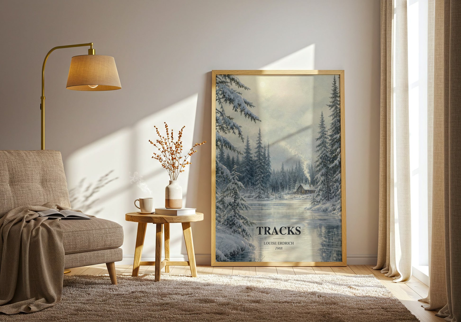 Tracks watercolour print in frame leaning in hallway – literary fiction wall art