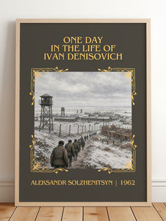 One Day in the Life of Ivan Denisovich Classic Book Art Print by Aleksandr Solzhenitsyn – framed print leaning on a wooden floor