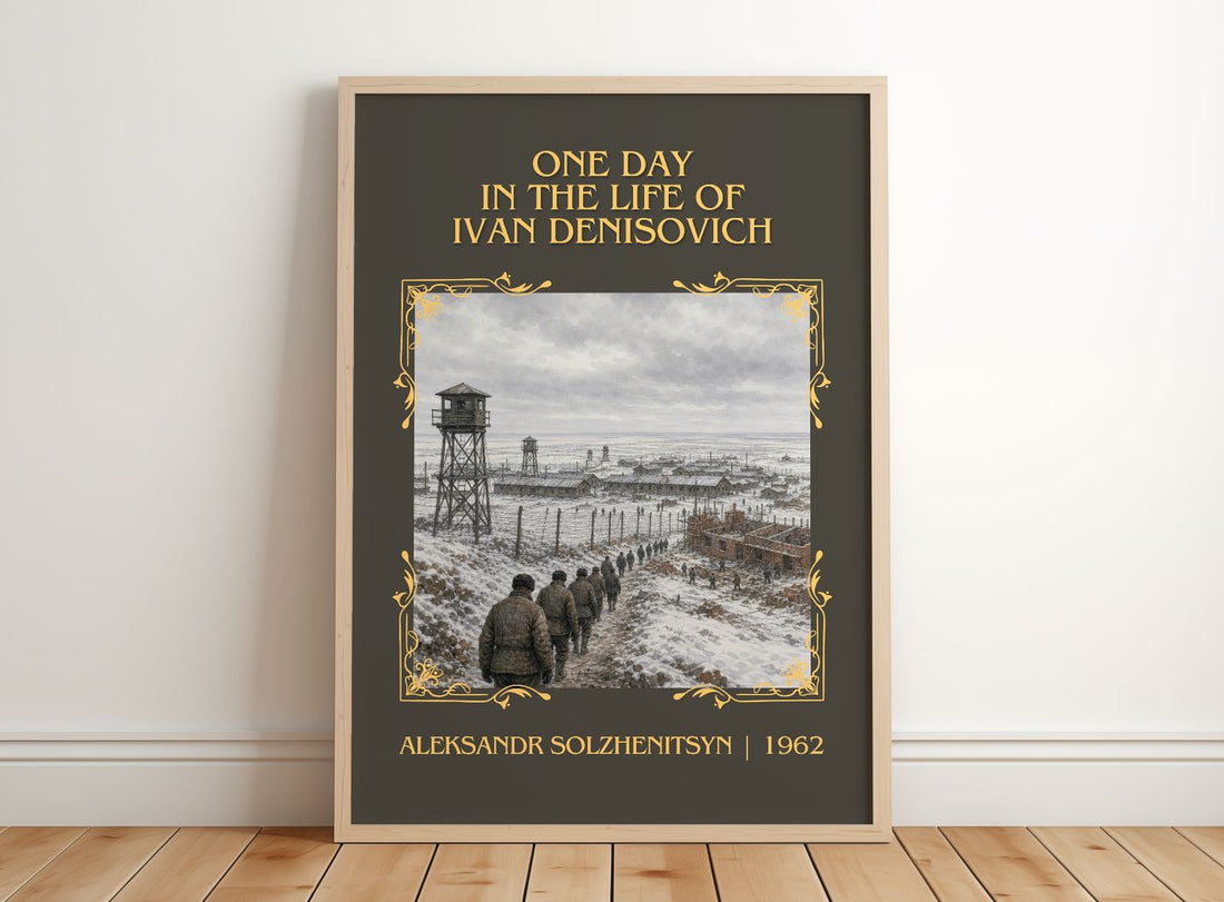 One Day in the Life of Ivan Denisovich Classic Book Art Print by Aleksandr Solzhenitsyn – framed print leaning on a wooden floor