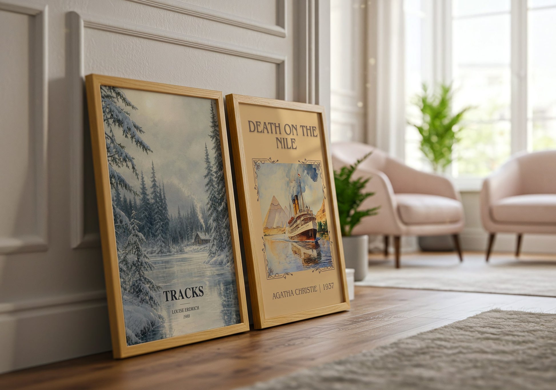 Tracks watercolour print framed by window – literary home decor