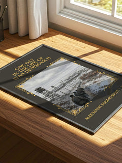 One Day in the Life of Ivan Denisovich Classic Book Art Print by Aleksandr Solzhenitsyn – print on a sunlit desk