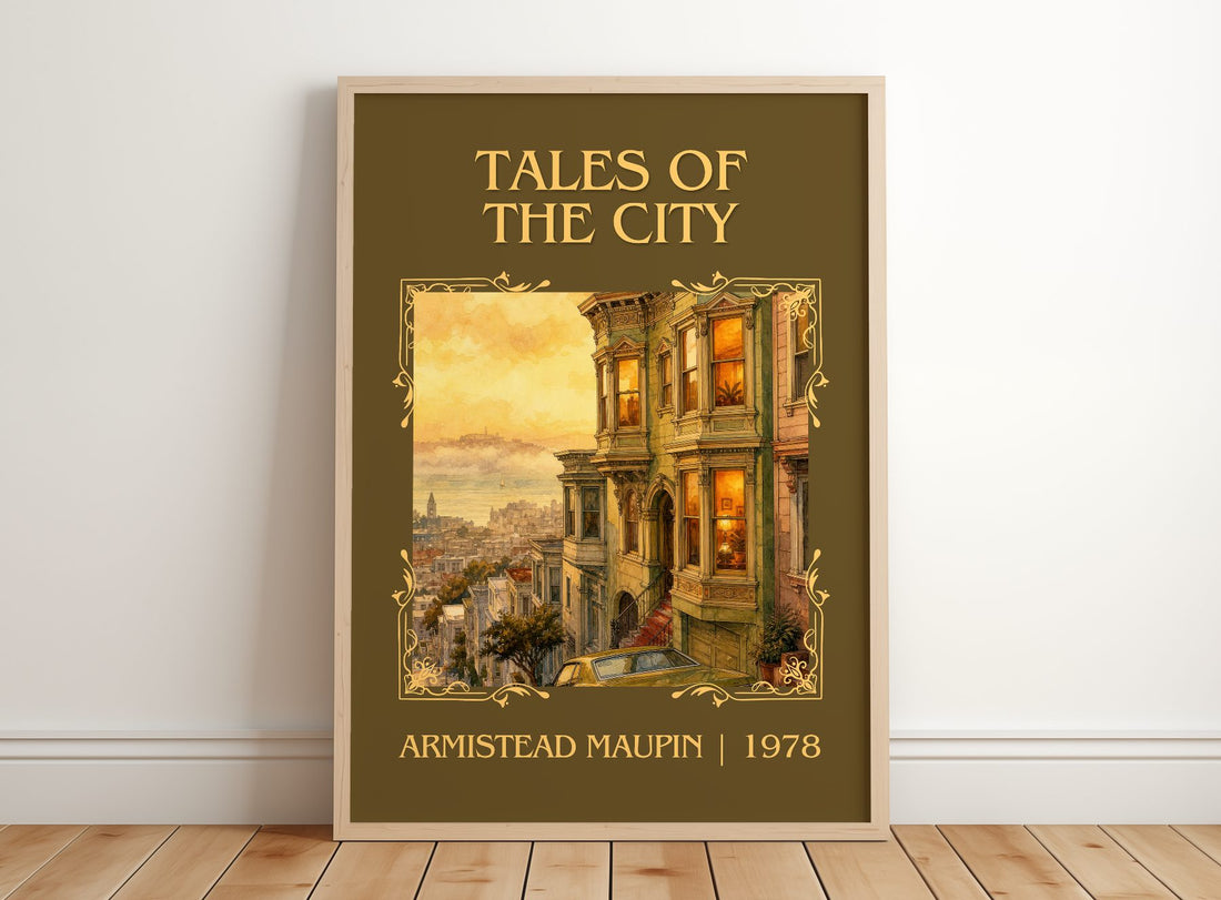 Tales of the City Classic Book Art Print by Armistead Maupin – framed print leaning on a wooden floor