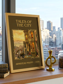 Tales of the City Classic Book Art Print by Armistead Maupin – framed print on a city-view windowsill