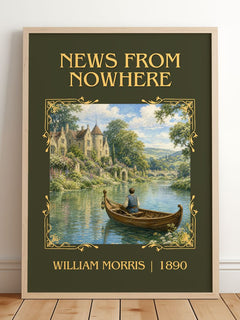 News from Nowhere Classic Book Art Print by William Morris – framed print leaning on a wooden floor