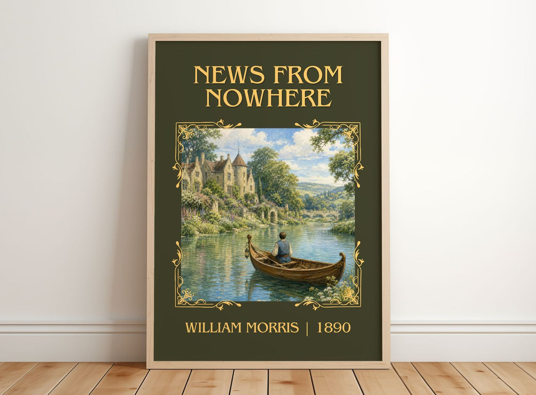 News from Nowhere Classic Book Art Print by William Morris – framed print leaning on a wooden floor