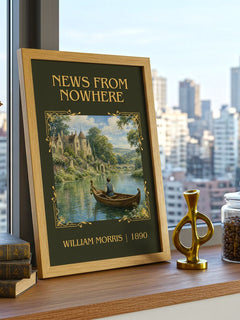 News from Nowhere Classic Book Art Print by William Morris – framed print on a city-view windowsill