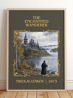 The Enchanted Wanderer Classic Book Art Print by Nikolai Leskov – framed print leaning on a wooden floor