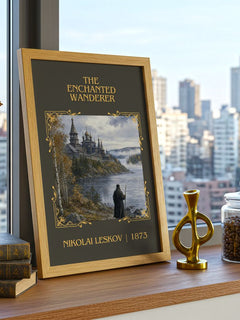 The Enchanted Wanderer Classic Book Art Print by Nikolai Leskov – framed print on a city-view windowsill