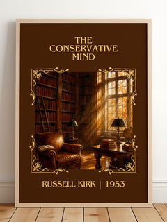 The Conservative Mind Classic Book Art Print by Russell Kirk – framed print leaning on a wooden floor