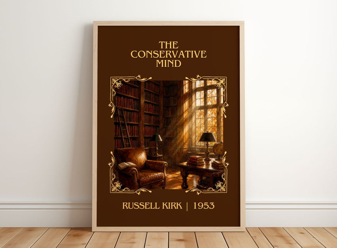 The Conservative Mind Classic Book Art Print by Russell Kirk – framed print leaning on a wooden floor