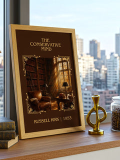 The Conservative Mind Classic Book Art Print by Russell Kirk – framed print on a city-view windowsill
