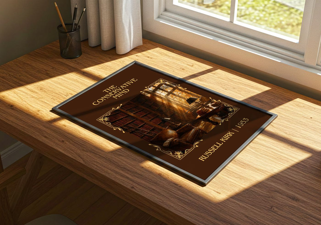 The Conservative Mind Classic Book Art Print by Russell Kirk – print on a sunlit desk
