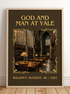 God and Man at Yale Classic Book Art Print by William F. Buckley, Jr – framed print leaning on a wooden floor