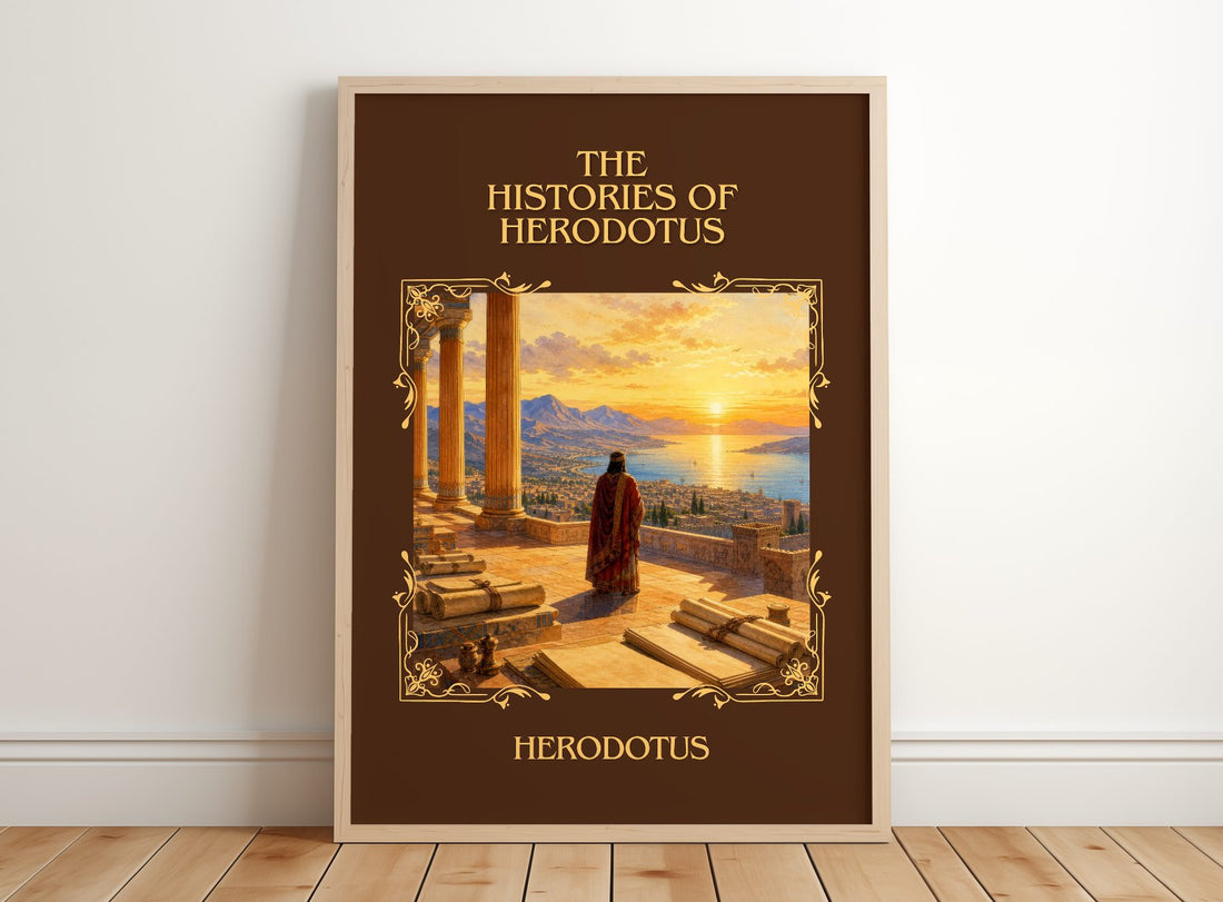 The Histories of Herodotus Classic Book Art Print by Herodotus – framed print leaning on a wooden floor