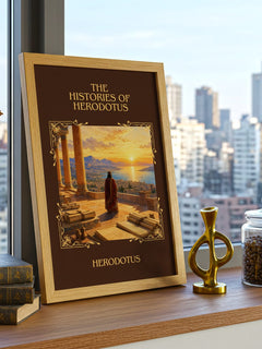 The Histories of Herodotus Classic Book Art Print by Herodotus – framed print on a city-view windowsill