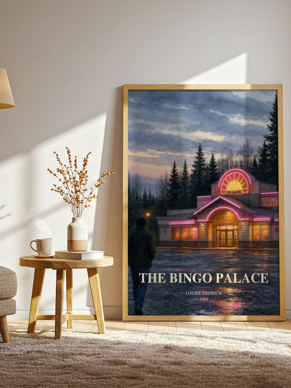 The Bingo Palace watercolour print in frame leaning in hallway – contemporary fiction wall art