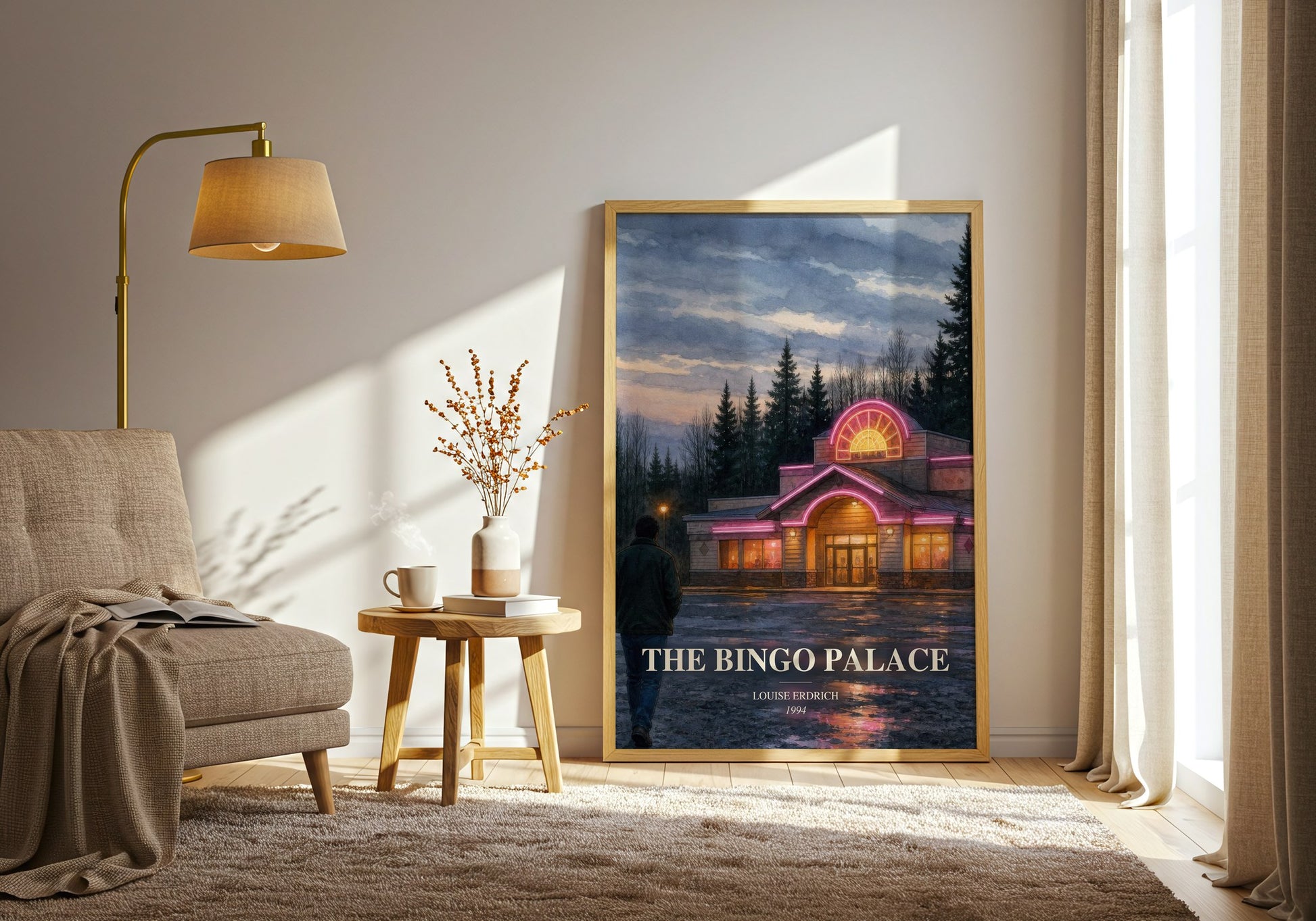The Bingo Palace watercolour print in frame leaning in hallway – contemporary fiction wall art