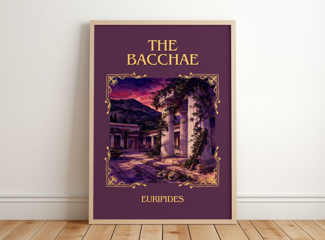 The Bacchae Classic Book Art Print by Euripides – framed print leaning on a wooden floor