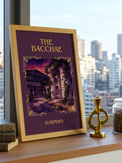 The Bacchae Classic Book Art Print by Euripides – framed print on a city-view windowsill