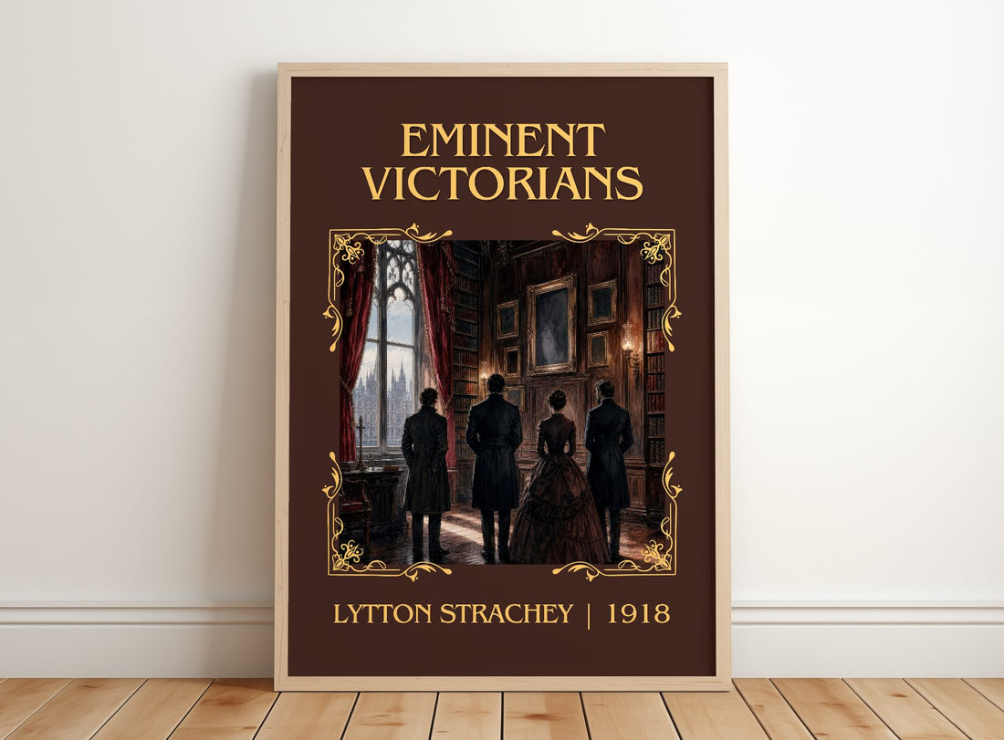 Eminent Victorians Classic Book Art Print by Lytton Strachey – framed print leaning on a wooden floor