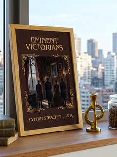 Eminent Victorians Classic Book Art Print by Lytton Strachey – framed print on a city-view windowsill