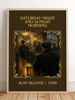 Saturday Night and Sunday Morning Classic Book Art Print by Alan Sillitoe – framed print leaning on a wooden floor