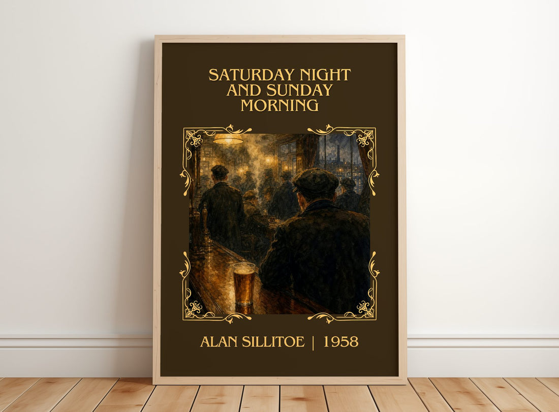 Saturday Night and Sunday Morning Classic Book Art Print by Alan Sillitoe – framed print leaning on a wooden floor