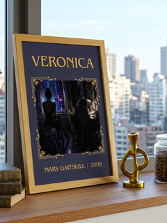 Veronica Classic Book Art Print by Mary Gaitskill – framed print on a city-view windowsill