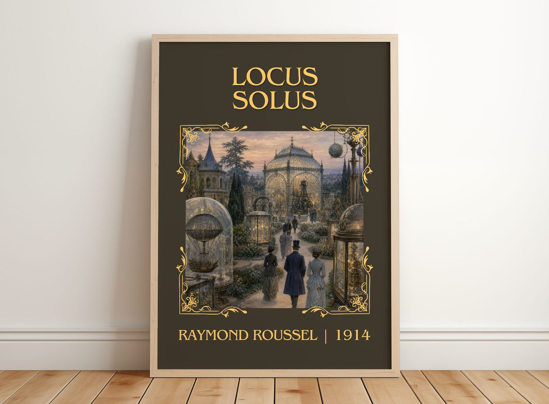 Locus Solus Classic Book Art Print by Raymond Roussel – framed print leaning on a wooden floor