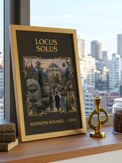 Locus Solus Classic Book Art Print by Raymond Roussel – framed print on a city-view windowsill