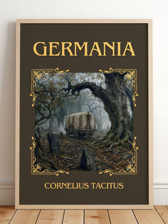 Germania Classic Book Art Print by Cornelius Tacitus – framed print leaning on a wooden floor