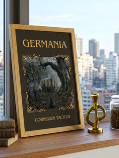 Germania Classic Book Art Print by Cornelius Tacitus – framed print on a city-view windowsill